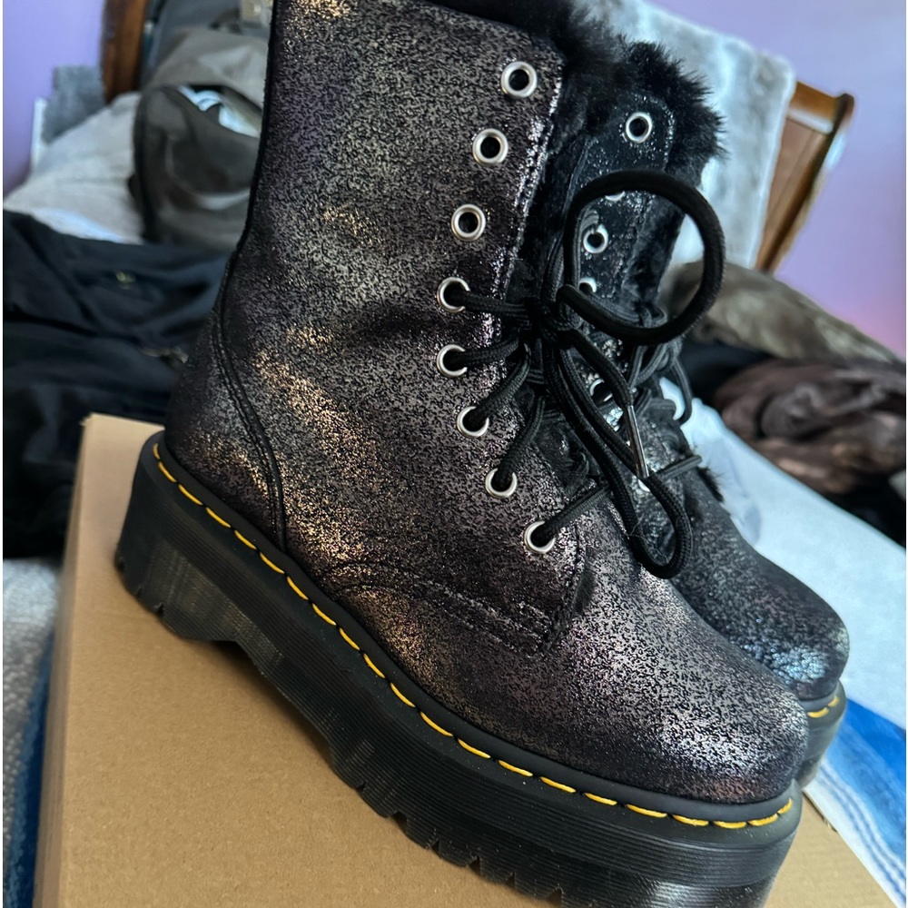 DR MARTENS JADON BOOT FAUX FUR-LINED METALLIC LEATHER PLATFORMS